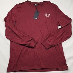 TRUE RELIGION Long Sleeve Men Sz 2XL Burgundy 100% Cotton Logo Grunge RelaxedNWT